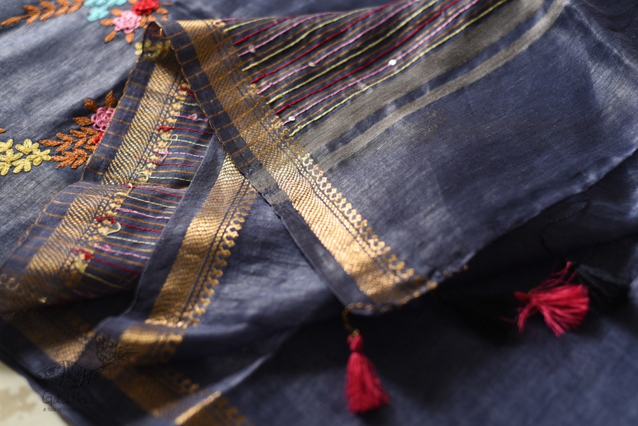 shop Handloom Silk Linen Blue Saree Embroidered