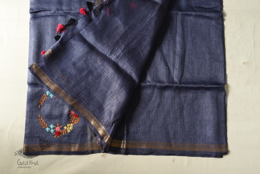 shop Handloom Silk Linen Blue Saree Embroidered