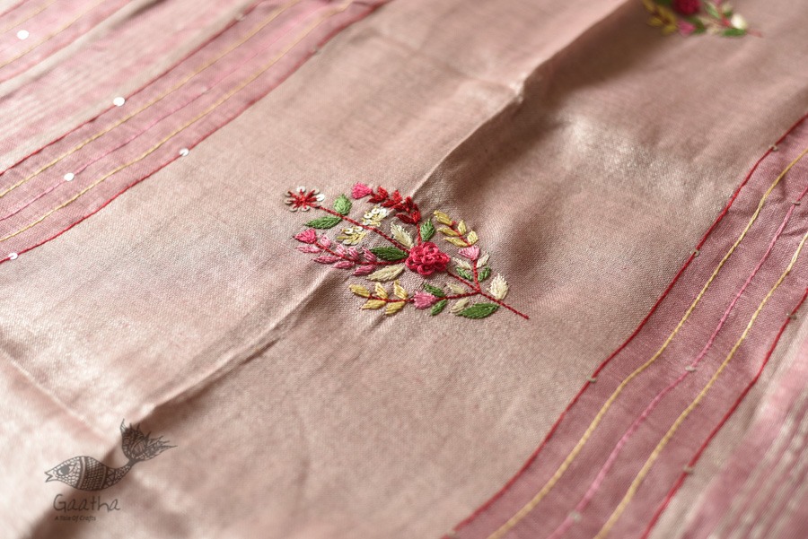 shop Handloom Tissue Linen Light Magenta Saree With Hand Embroidered