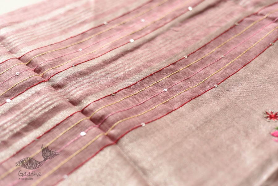 shop Handloom Tissue Linen Light Magenta Saree With Hand Embroidered