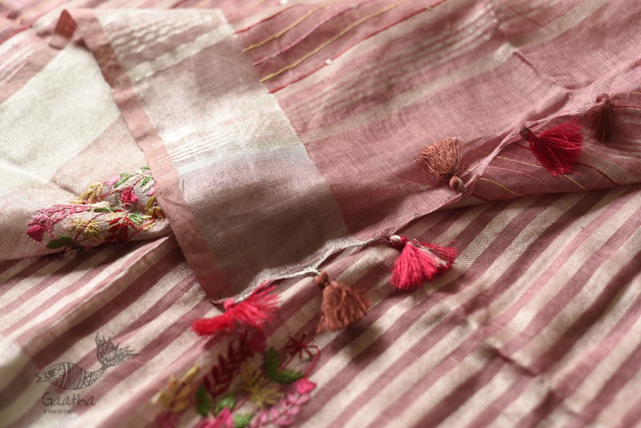 shop Handloom Tissue Linen Light Magenta Saree With Hand Embroidered