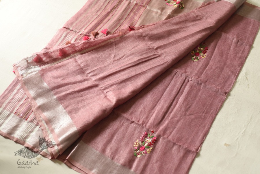 shop Handloom Tissue Linen Light Magenta Saree With Hand Embroidered