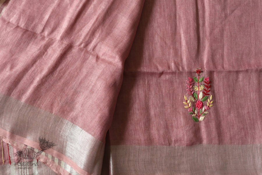 shop Handloom Tissue Linen Light Magenta Saree With Hand Embroidered