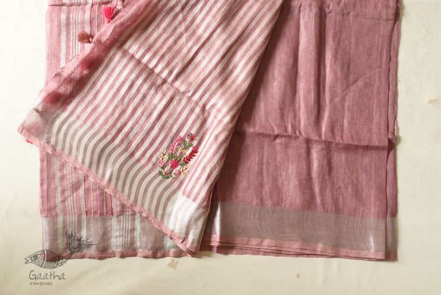 shop Handloom Tissue Linen Light Magenta Saree With Hand Embroidered