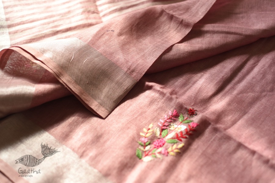 shop Handloom Tissue Linen Light Magenta Saree With Hand Embroidered