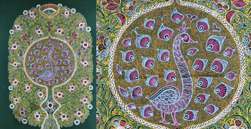 shop rogan art painting from gujarat - Peacock in Green Background