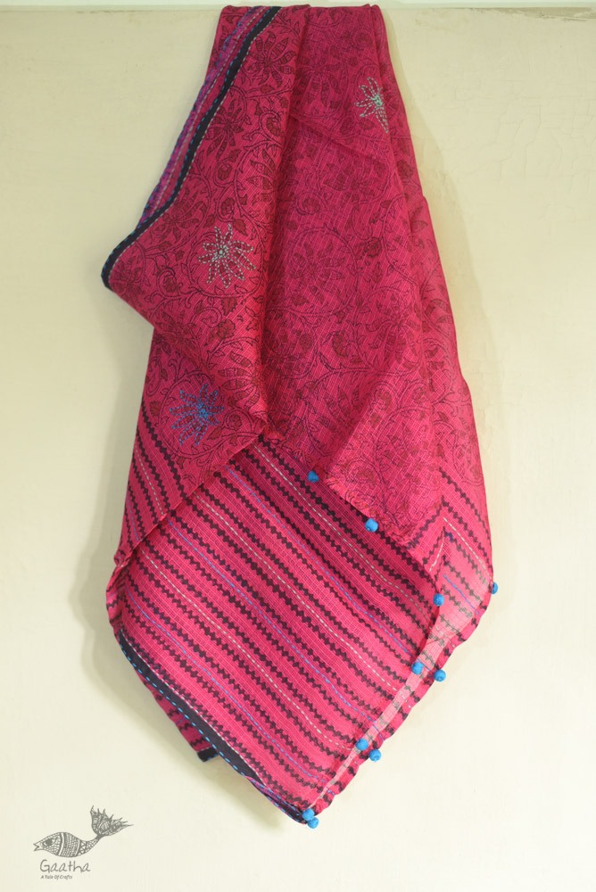 shop Kota Doria Silk Embroidered Stole with Block Print