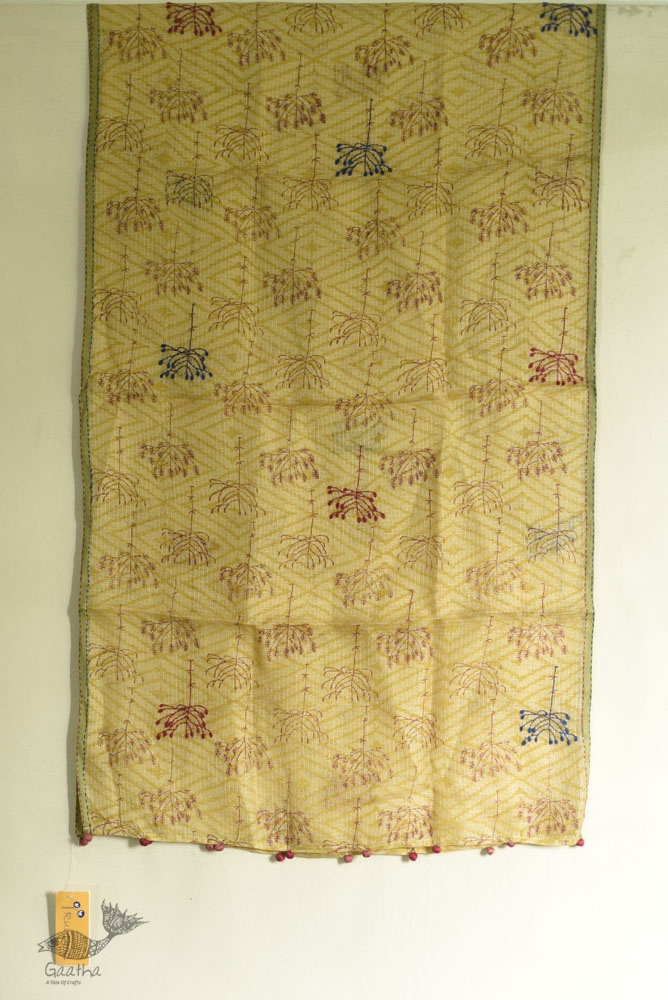 shop Kota Silk Stole Embroidered and Block Printed - Almond Brown