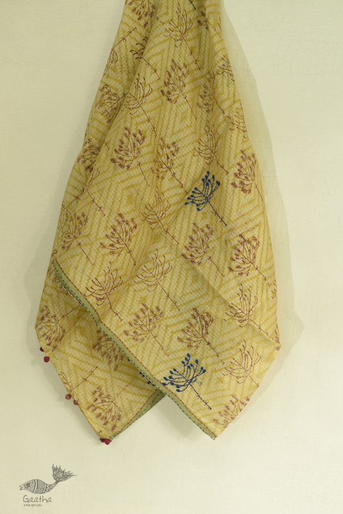 shop Kota Silk Stole Embroidered and Block Printed - Almond Brown