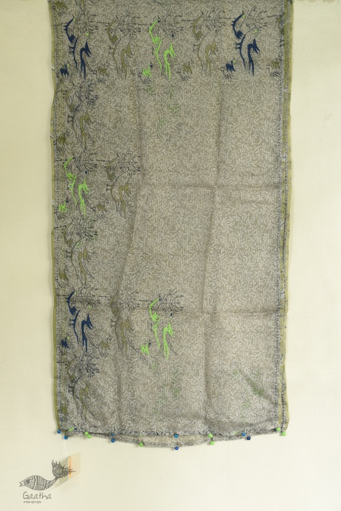 shop Kota Doria Silk Embroidered Stole with Block Print -grey