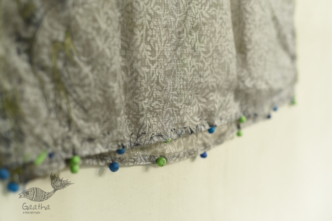 shop Kota Doria Silk Embroidered Stole with Block Print -grey