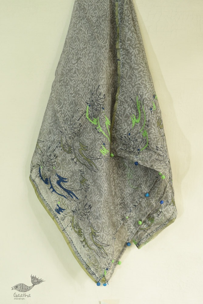 shop Kota Doria Silk Embroidered Stole with Block Print -grey