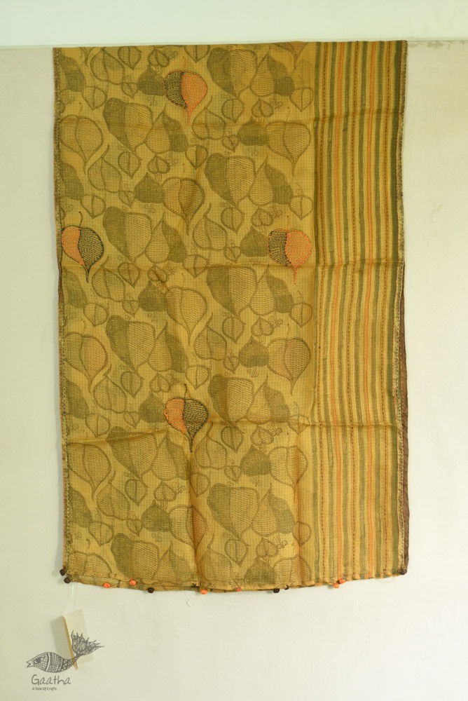 shop Kota Silk Stole Embroidered and Block Printed yellowish brown