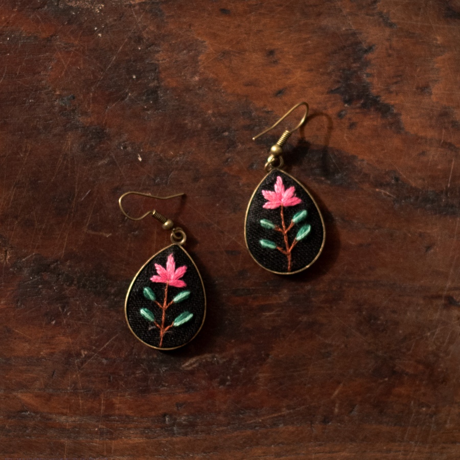 shop Hand Embroidered Jewelry - Tear Drop Floral Earrings