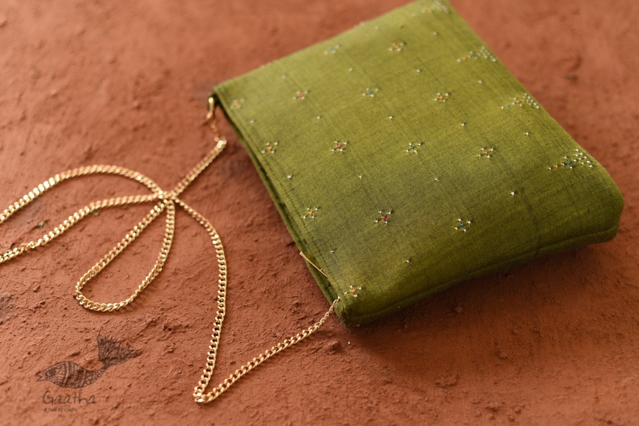 shop handwoven cotton tangaliya purse / Clutch  - Mehndi Green 