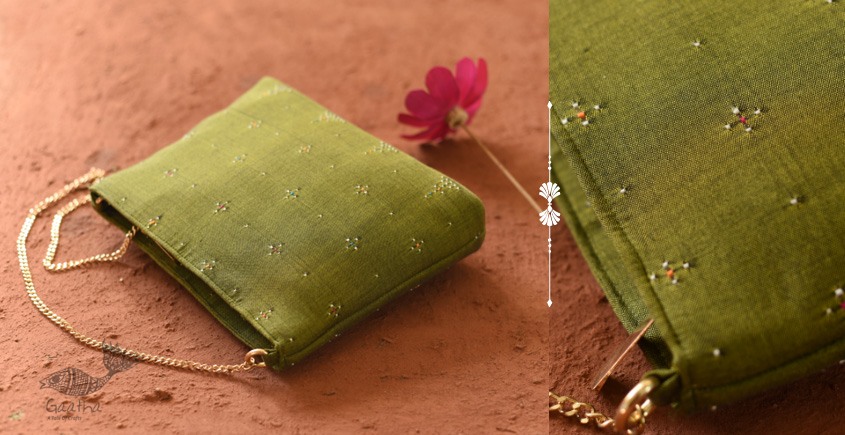 shop handwoven cotton tangaliya purse / Clutch  - Mehndi Green 