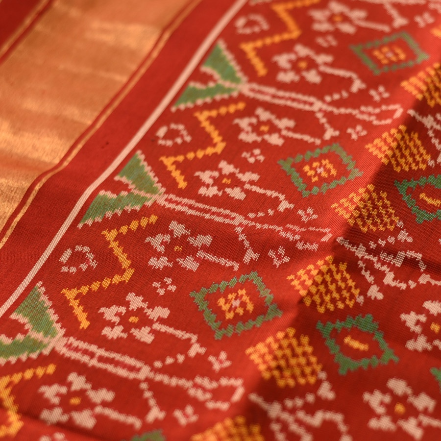 shop Handwoven Patola Silk Saree - Red & Green Double Ikat Patola