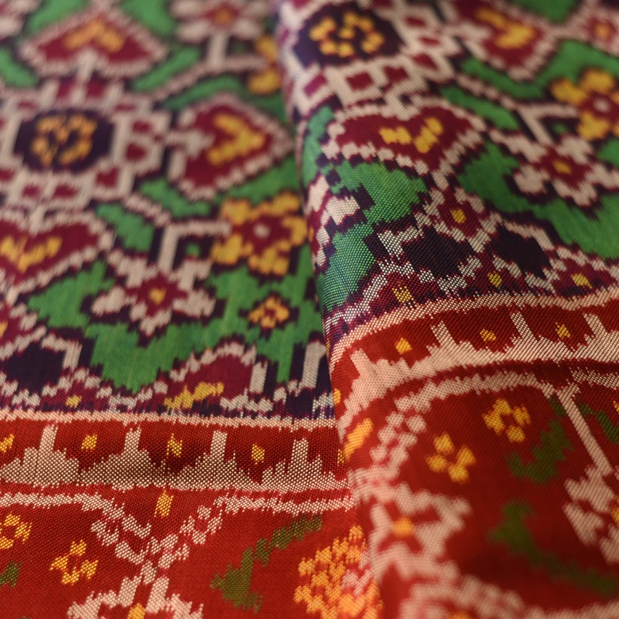 shop Handwoven Patola Silk Saree - Red & Green Double Ikat Patola