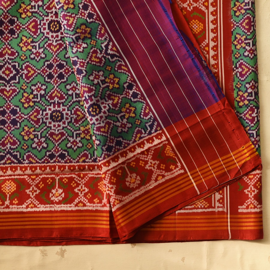 shop Handwoven Patola Silk Saree - Red & Green Double Ikat Patola