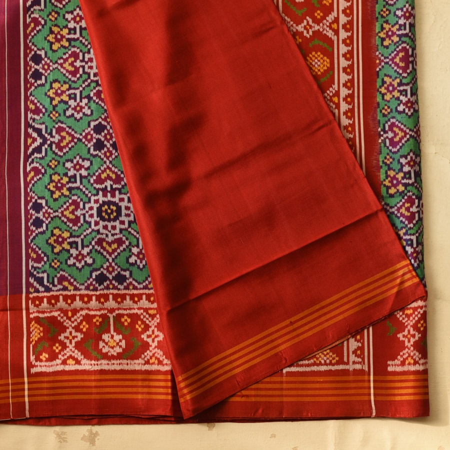 shop Handwoven Patola Silk Saree - Red & Green Double Ikat Patola