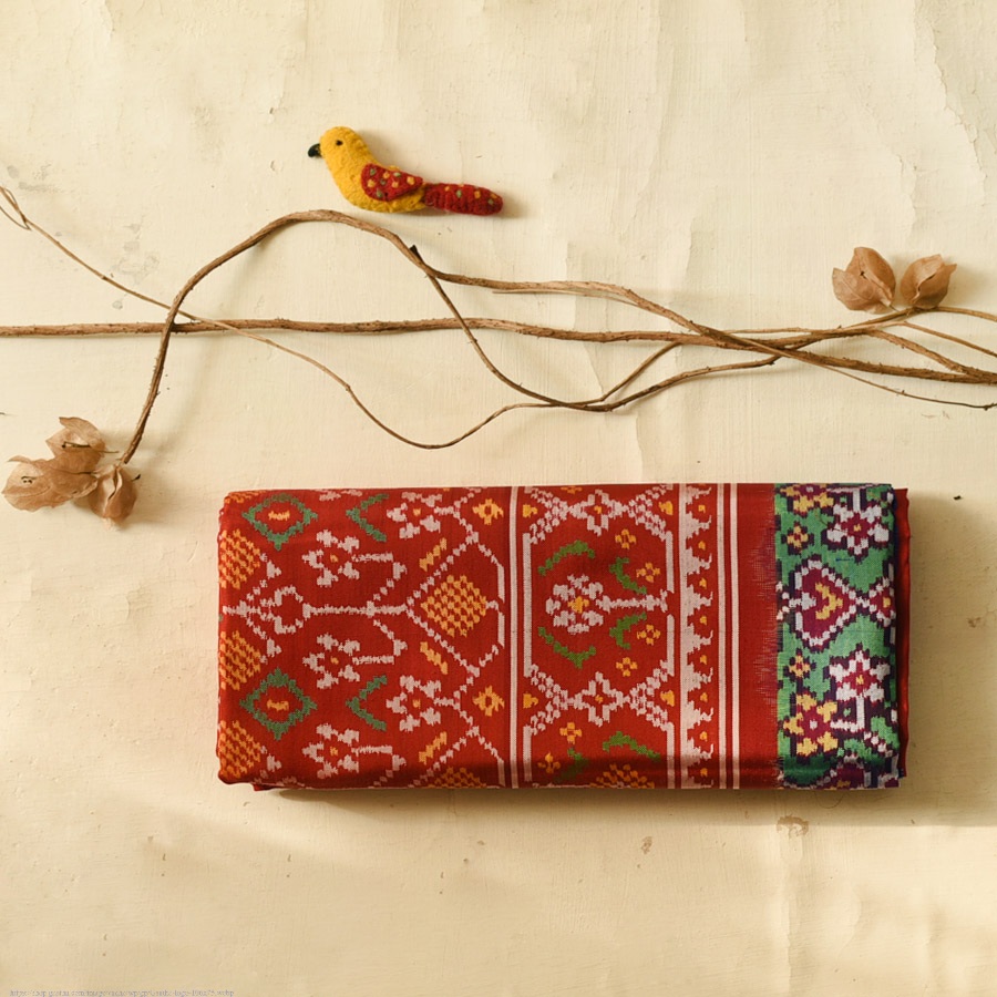 shop Handwoven Patola Silk Saree - Red & Green Double Ikat Patola