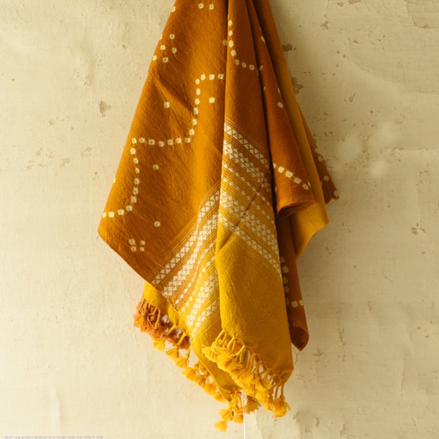 Kutchi Bhujodi Weaving - Bandhani ( Tie-dyed ) Woolen Shawl - Mustard Yellow
