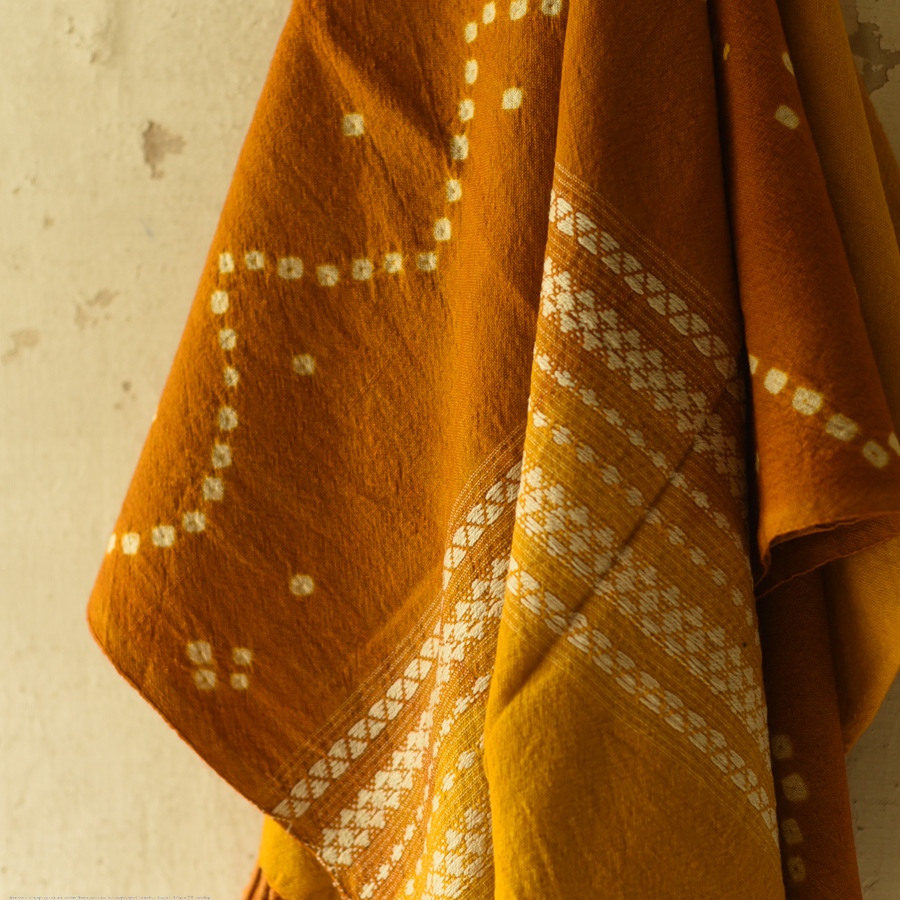 Kutchi Bhujodi Weaving - Bandhani ( Tie-dyed ) Woolen Shawl - Mustard Yellow