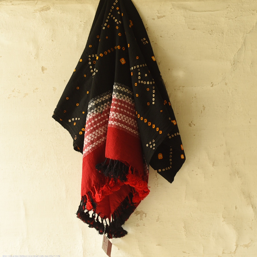 Kutchi Bhujodi Weaving - Bandhani ( Tie-dyed ) Woolen Shawl -  Black & Red