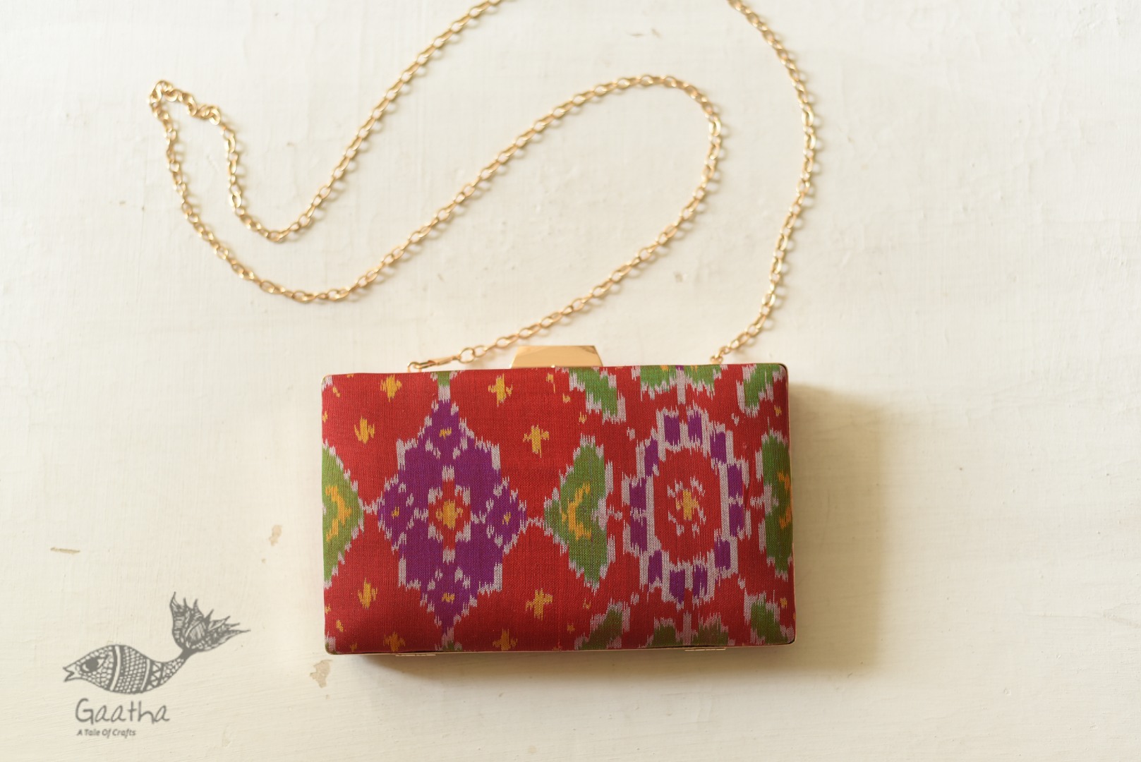 shop Patola Silk Clip Clutch / Ikat Sling Handbag - Red & Green