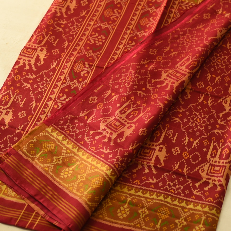 shop Handwoven Patola Silk Saree - Red Elephant Motif