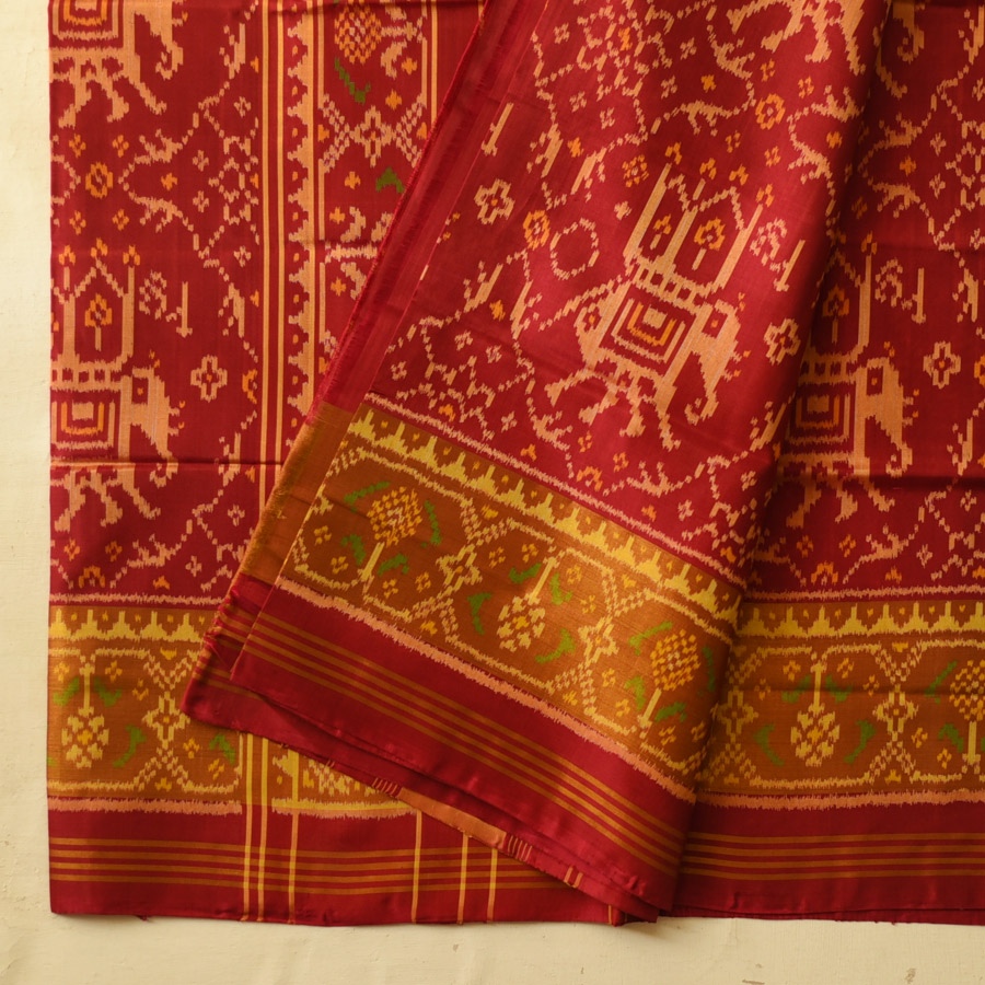 shop Handwoven Patola Silk Saree - Red Elephant Motif