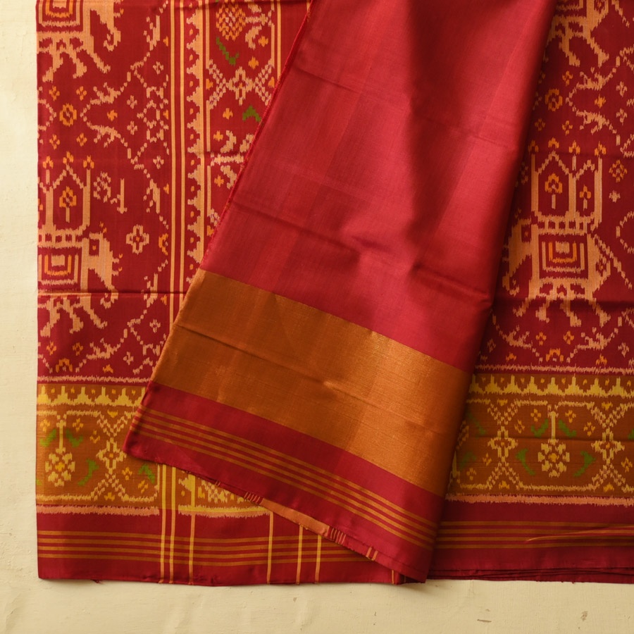 shop Handwoven Patola Silk Saree - Red Elephant Motif
