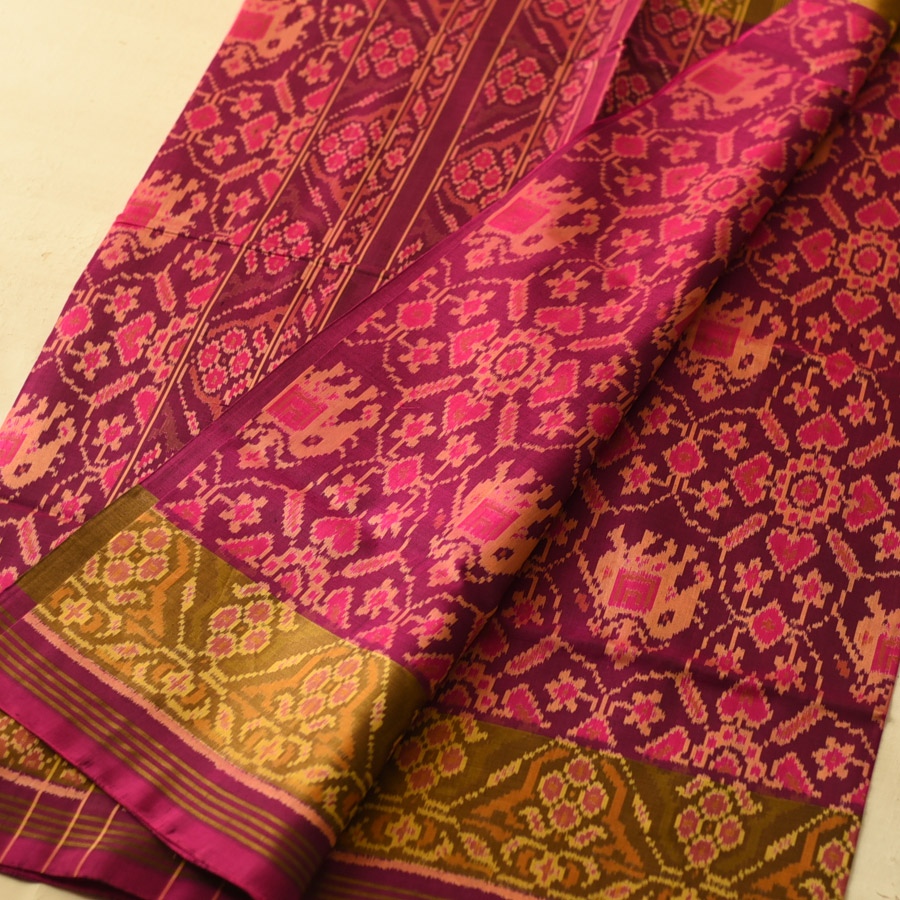 shop Handwoven Patola Silk Saree - Pink Elephant Motif