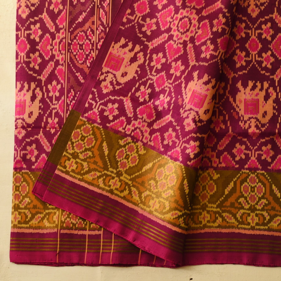 shop Handwoven Patola Silk Saree - Pink Elephant Motif