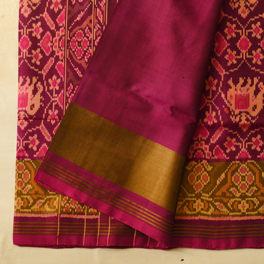 shop Handwoven Patola Silk Saree - Pink Elephant Motif