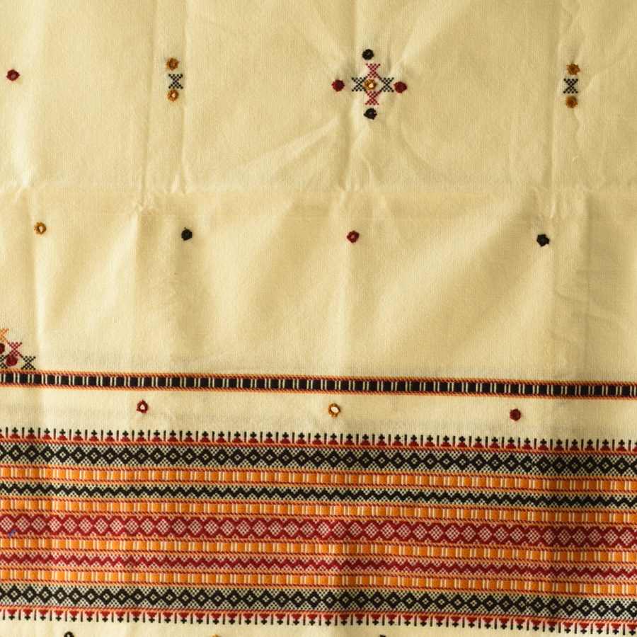 Kutchi Embroidered Mirror Work & Bhujodi Woven Woolen Shawl - Off White
