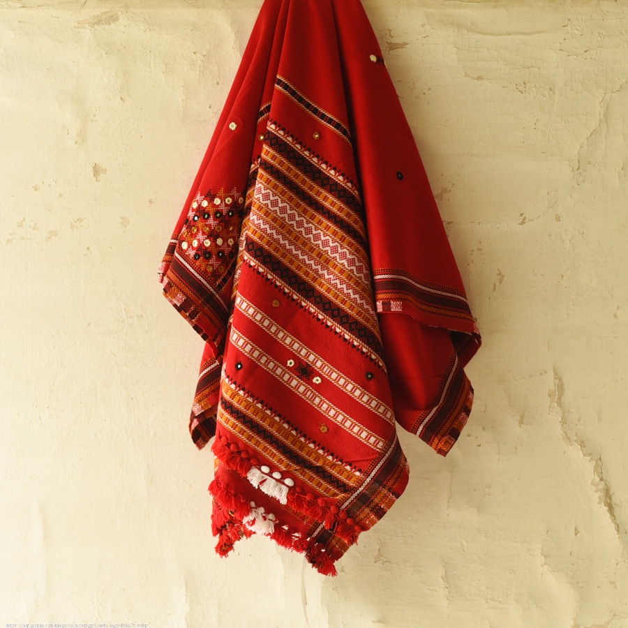 Kutchi Embroidered Mirror Work & Bhujodi Woven Woolen Shawl - Red