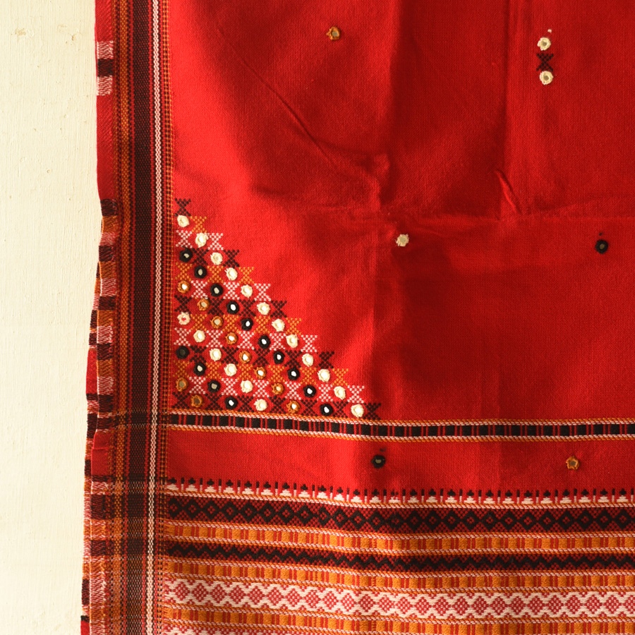 Kutchi Embroidered Mirror Work & Bhujodi Woven Woolen Shawl - Red