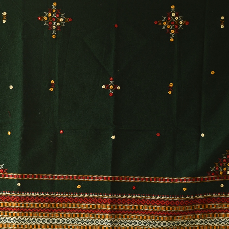 Kutchi Embroidered Mirror Work & Bhujodi Woven Woolen Green Shawl