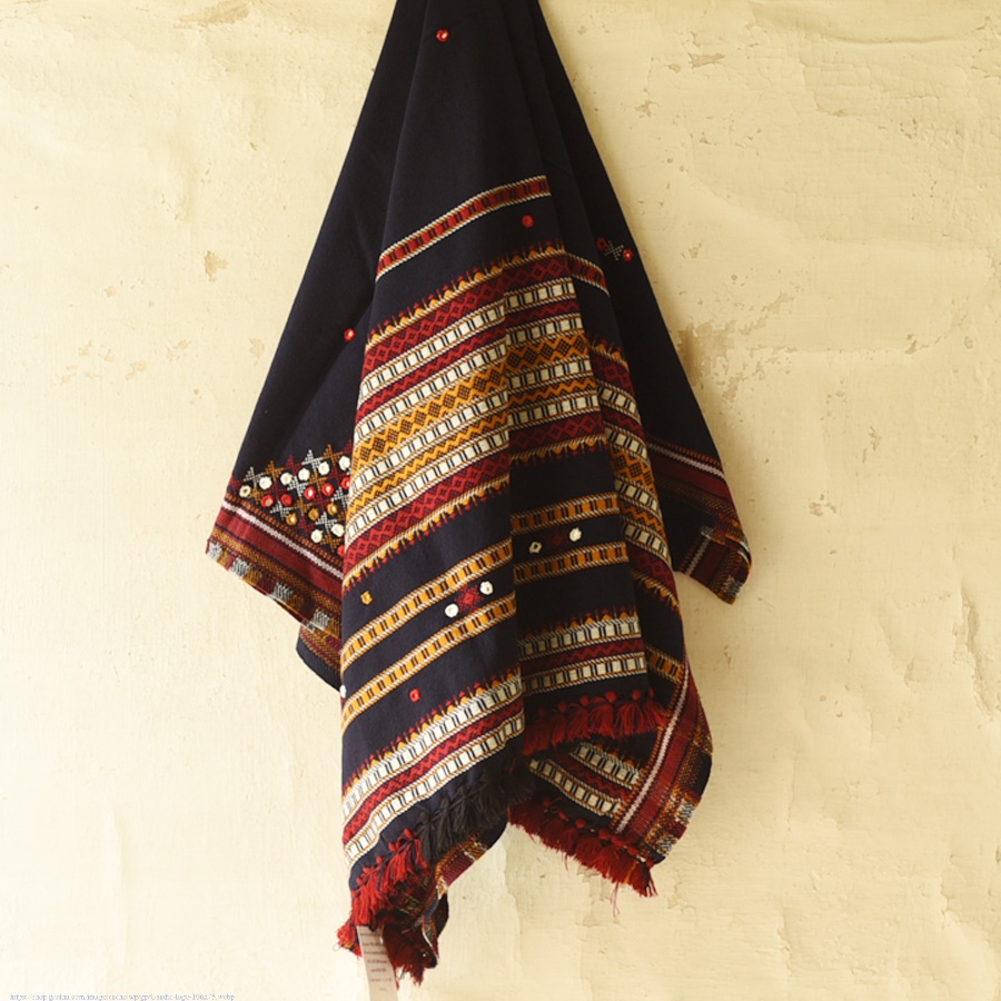 Kutchi Embroidered Mirror Work & Bhujodi Woven Woolen Navy Blue Shawl