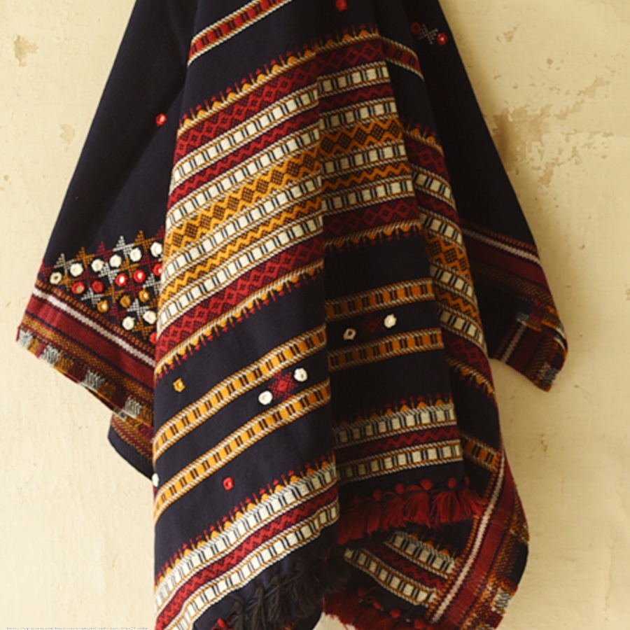 Kutchi Embroidered Mirror Work & Bhujodi Woven Woolen Navy Blue Shawl