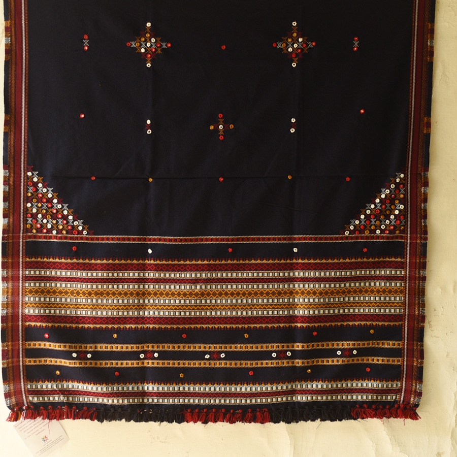 Kutchi Embroidered Mirror Work & Bhujodi Woven Woolen Navy Blue Shawl