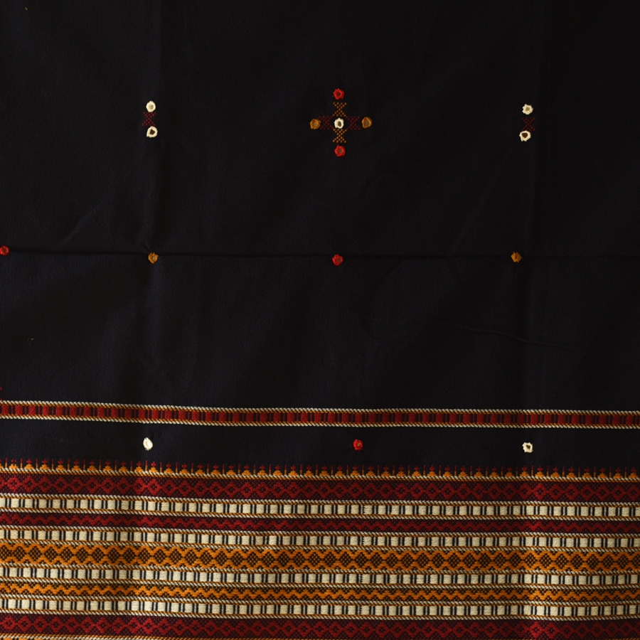 Kutchi Embroidered Mirror Work & Bhujodi Woven Woolen Navy Blue Shawl