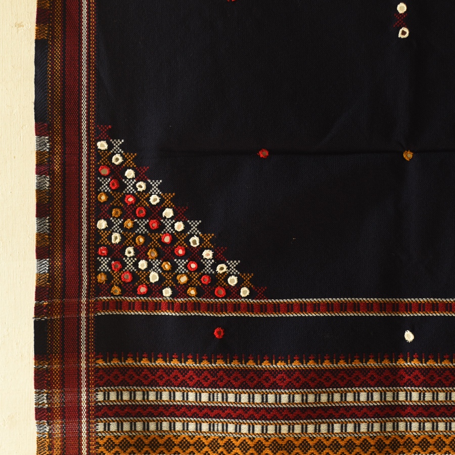 Kutchi Embroidered Mirror Work & Bhujodi Woven Woolen Navy Blue Shawl