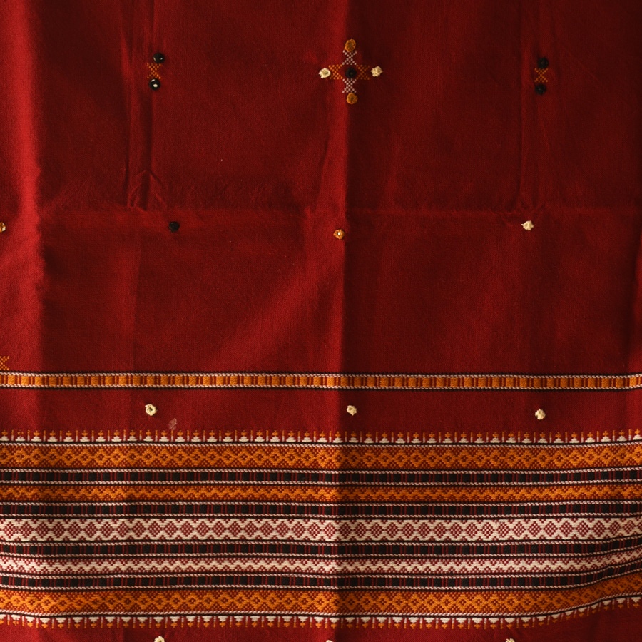 Kutchi Embroidered Mirror Work & Bhujodi Woven Woolen Shawl - Maroon