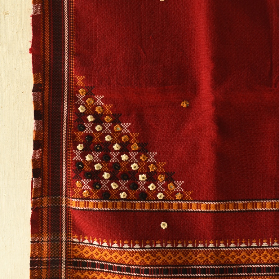 Kutchi Embroidered Mirror Work & Bhujodi Woven Woolen Shawl - Maroon