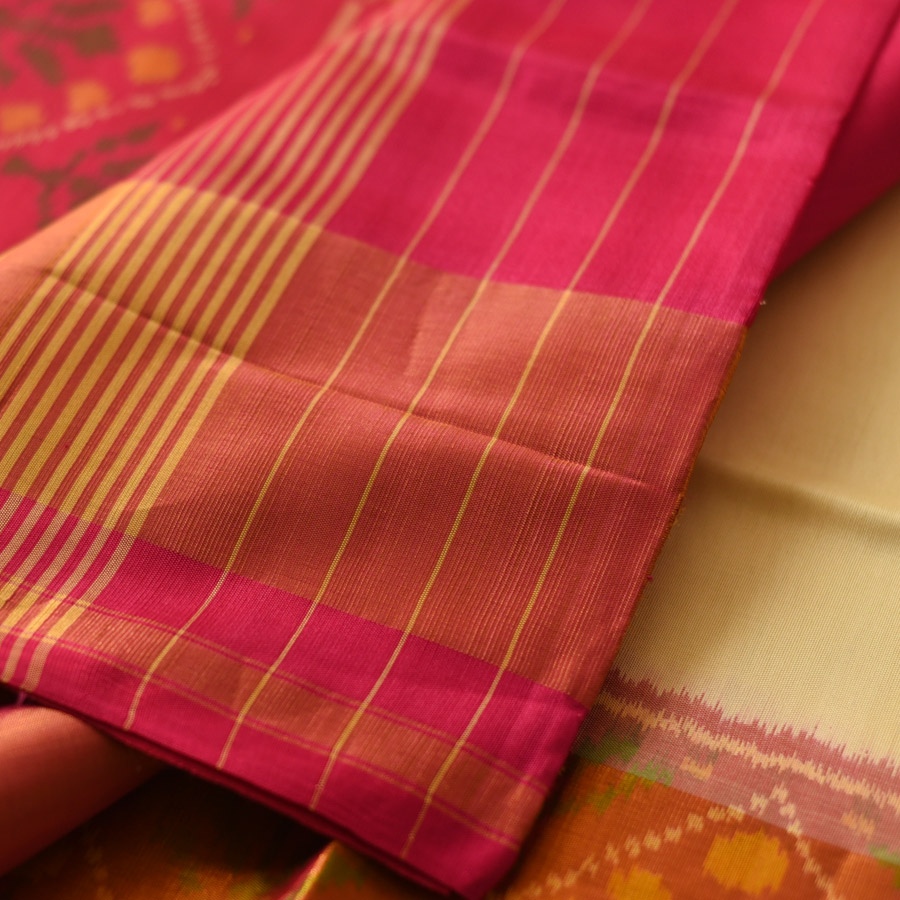 shop Handwoven Patola Silk Saree - Off White & Rani Pink