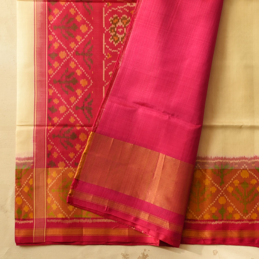 shop Handwoven Patola Silk Saree - Off White & Rani Pink