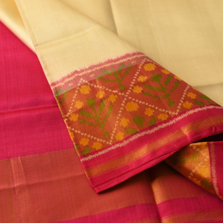 shop Handwoven Patola Silk Saree - Off White & Rani Pink