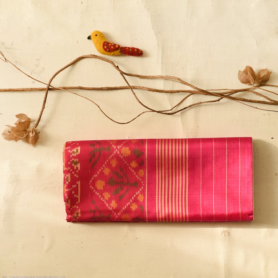shop Handwoven Patola Silk Saree - Off White & Rani Pink